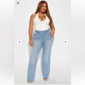 Fashion Nova Sparkle Zahra Stretch Embellished Straight Leg Jeans Light Wash 16